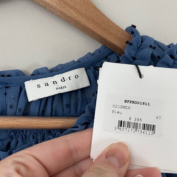 Sandro Gwen Blue Swiss Dot Tiered Ruffle Mini Dress Size 40 (US 8) - Picture 3 of 7